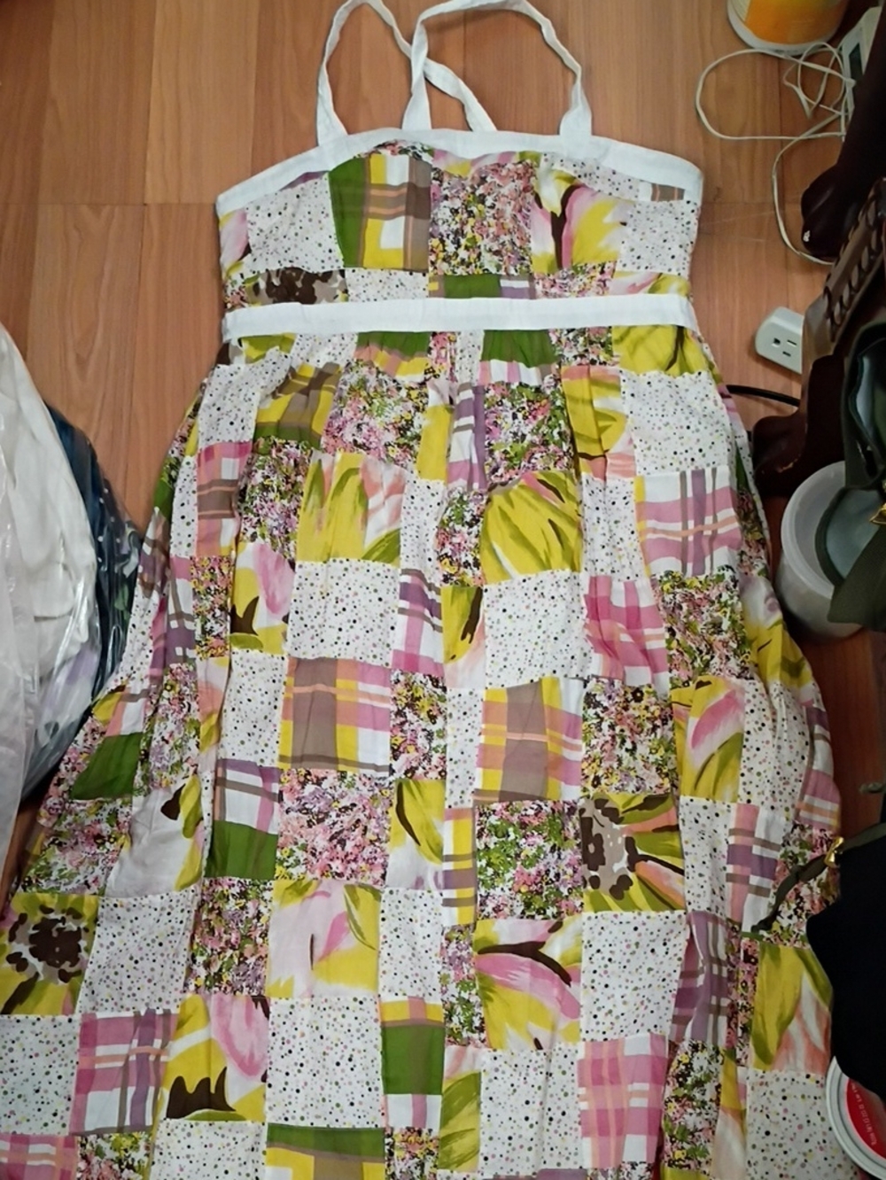Patchwork Maxi Dress in Pink, Yellow, Green, White